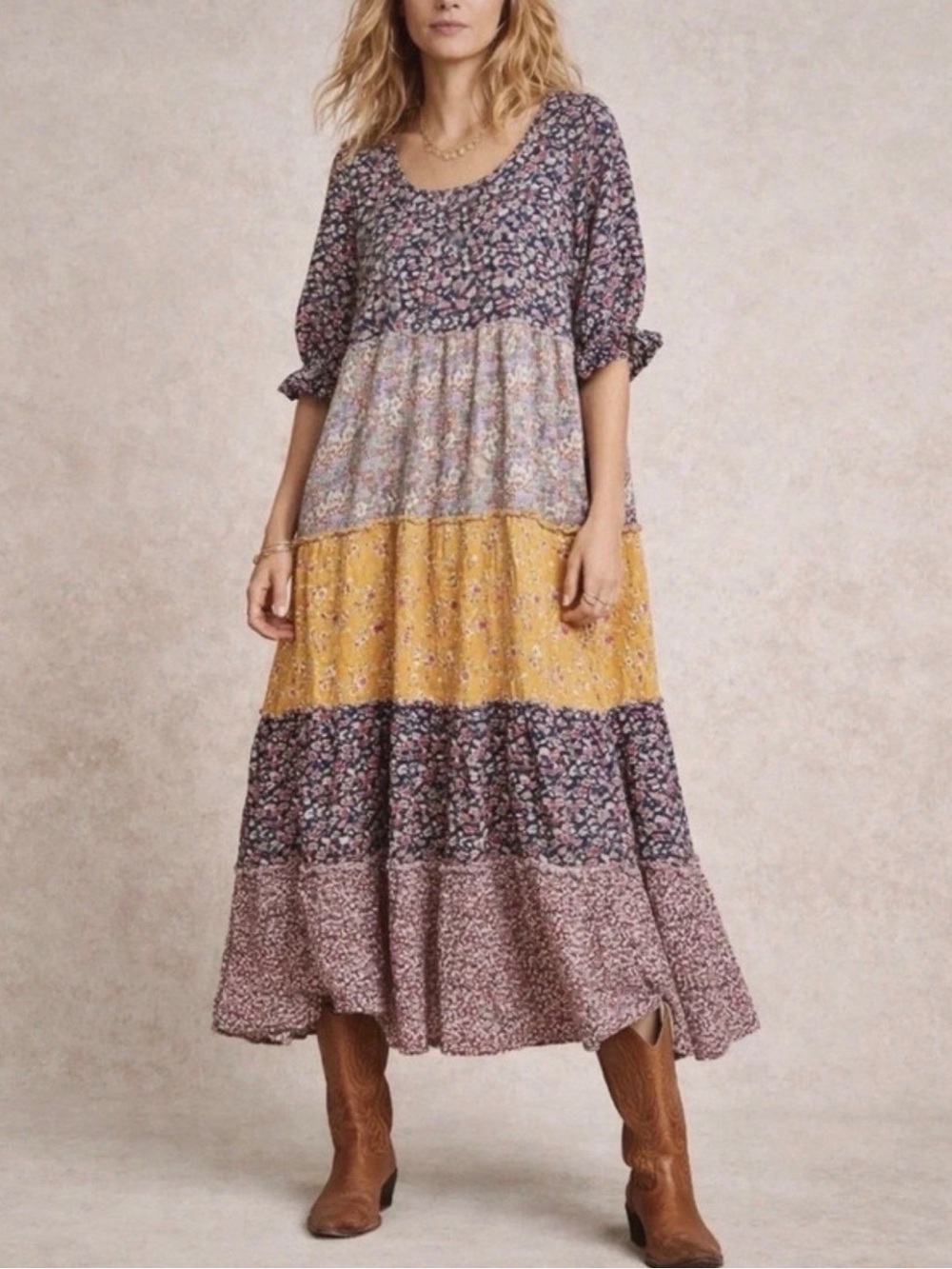 NATURAL LIFE Tiered Floral Maxi Dress in Yellow and Lavender